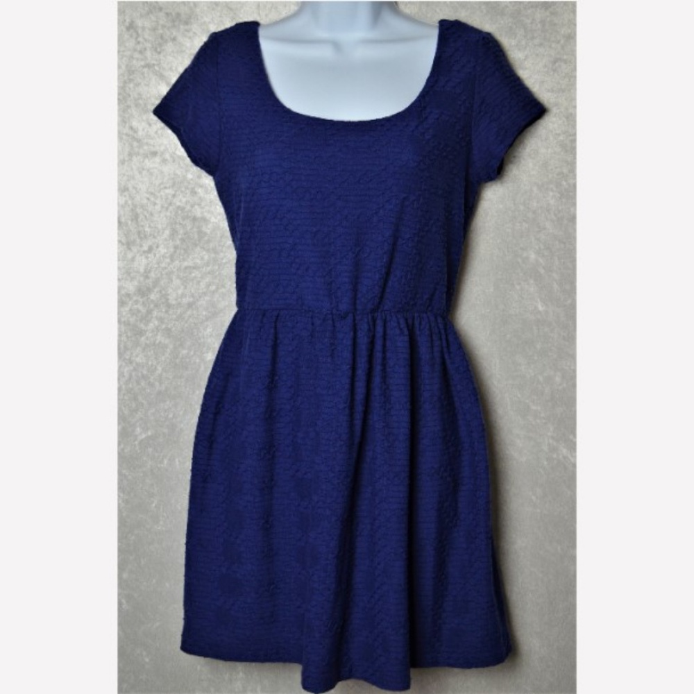 Navy Blue Short-Sleeved Textured Dress